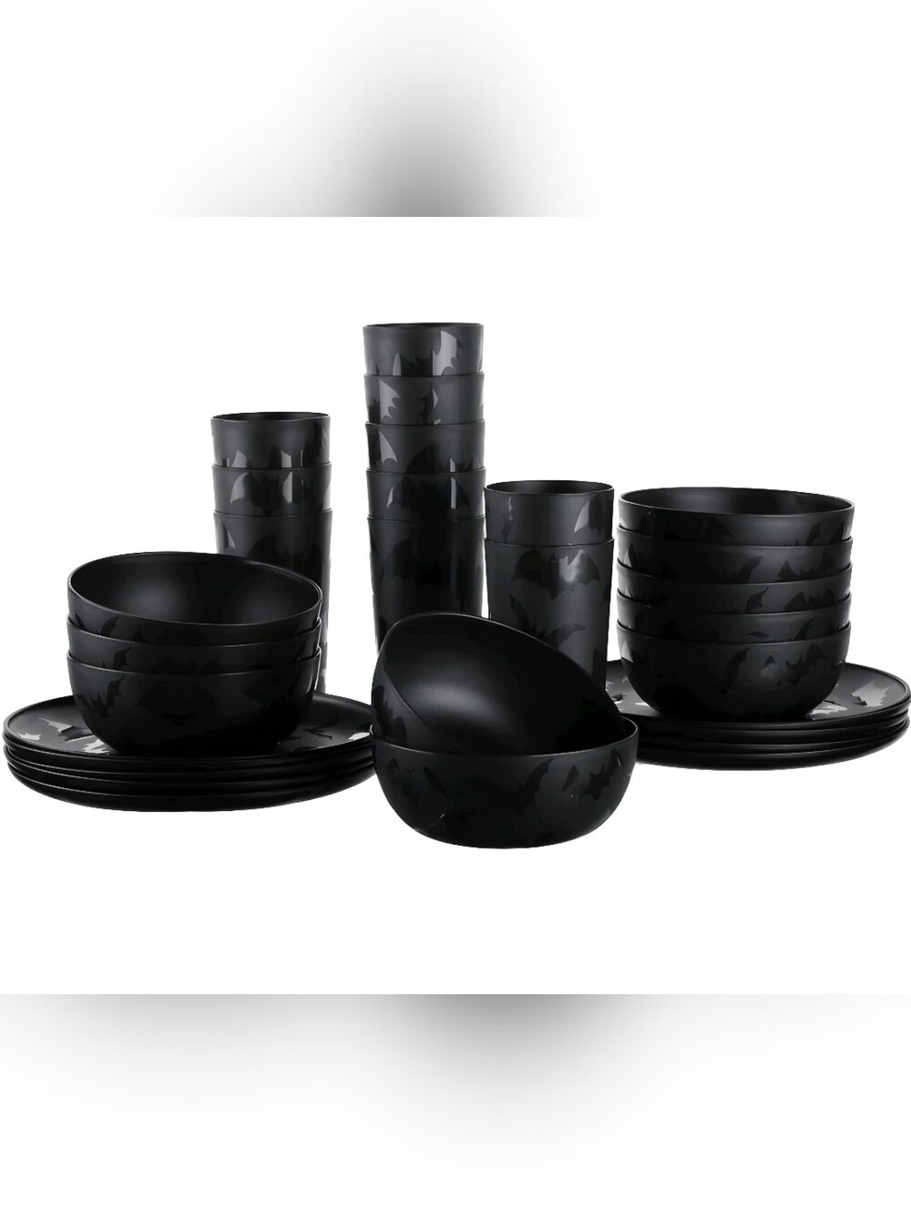 Mainstays 30-Piece Plastic Halloween Pattern Dinnerware Set. Black